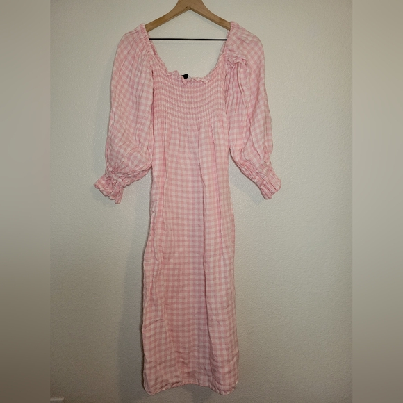 Sleeper Linenblend Atlanta Pink Gingham midi dress smocked midi dress, xsmall - Picture 7 of 12